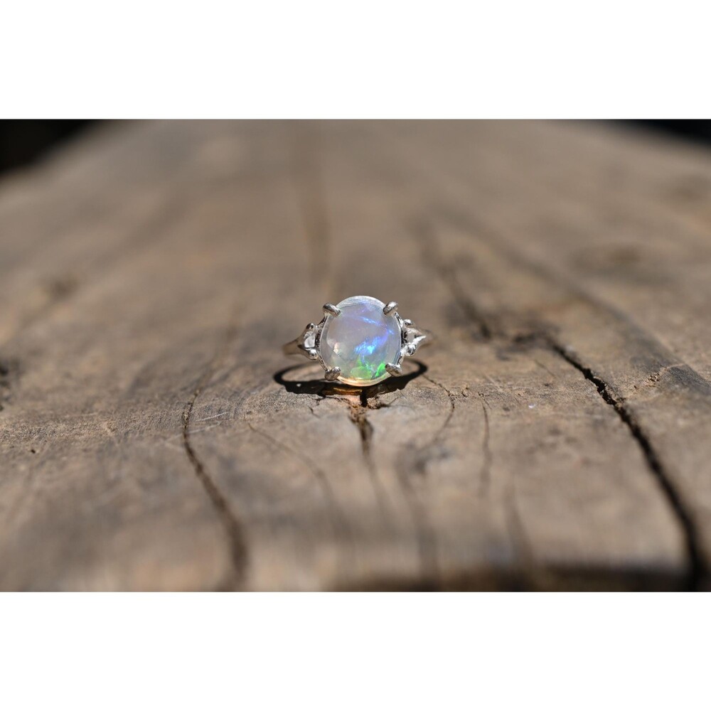 Round Opal Engagement Ring, Natural Ethiopian Opal, Sterling Silver (Size 5)